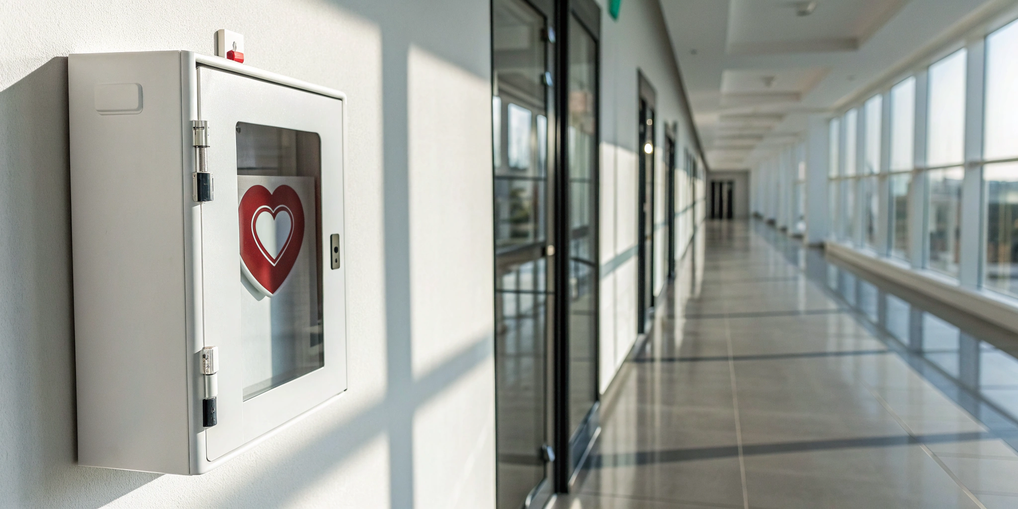 A visible AED cabinet correctly installed on a wall, meeting essential installation requirements.