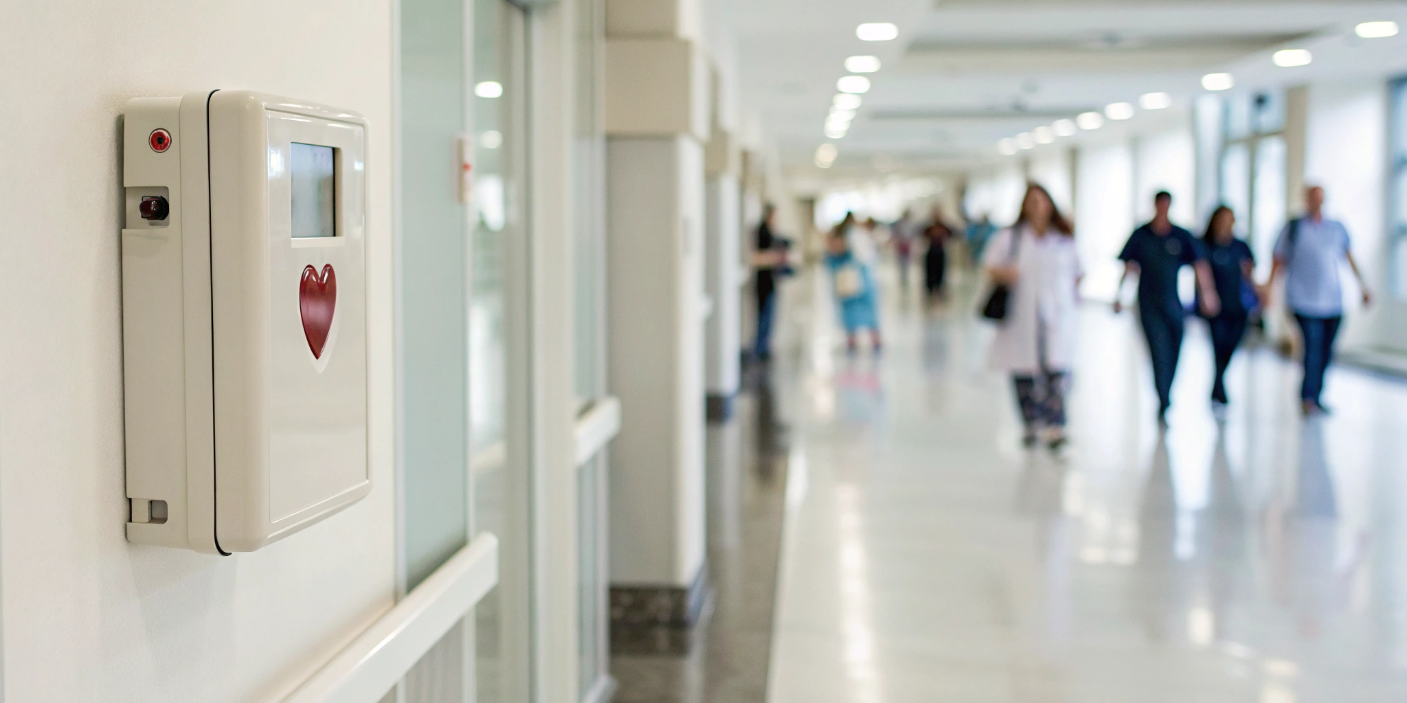 A wall-mounted AED cabinet in a hallway, following proper AED mounting guidelines.