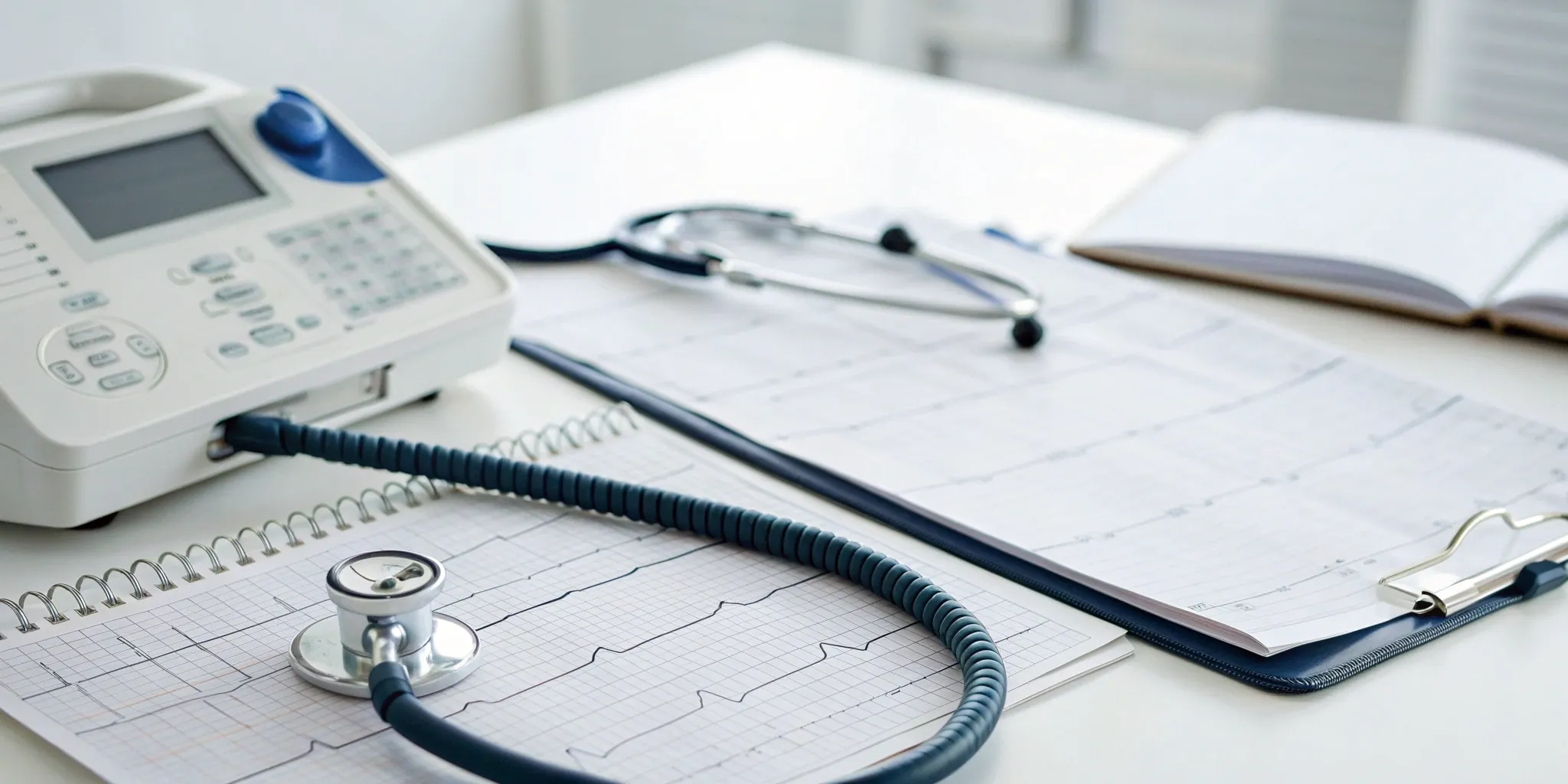 A desk with a stethoscope and ECG charts for AED program management and medical direction.