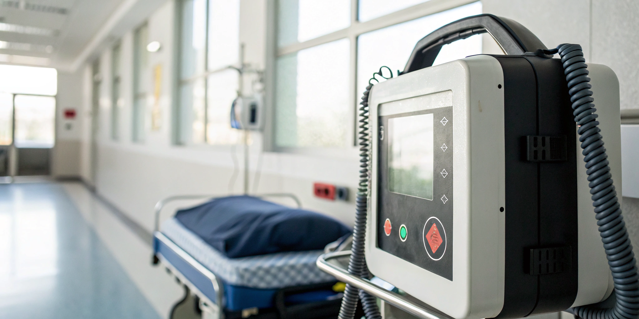 A person inspecting an AED to check the battery expiration date.