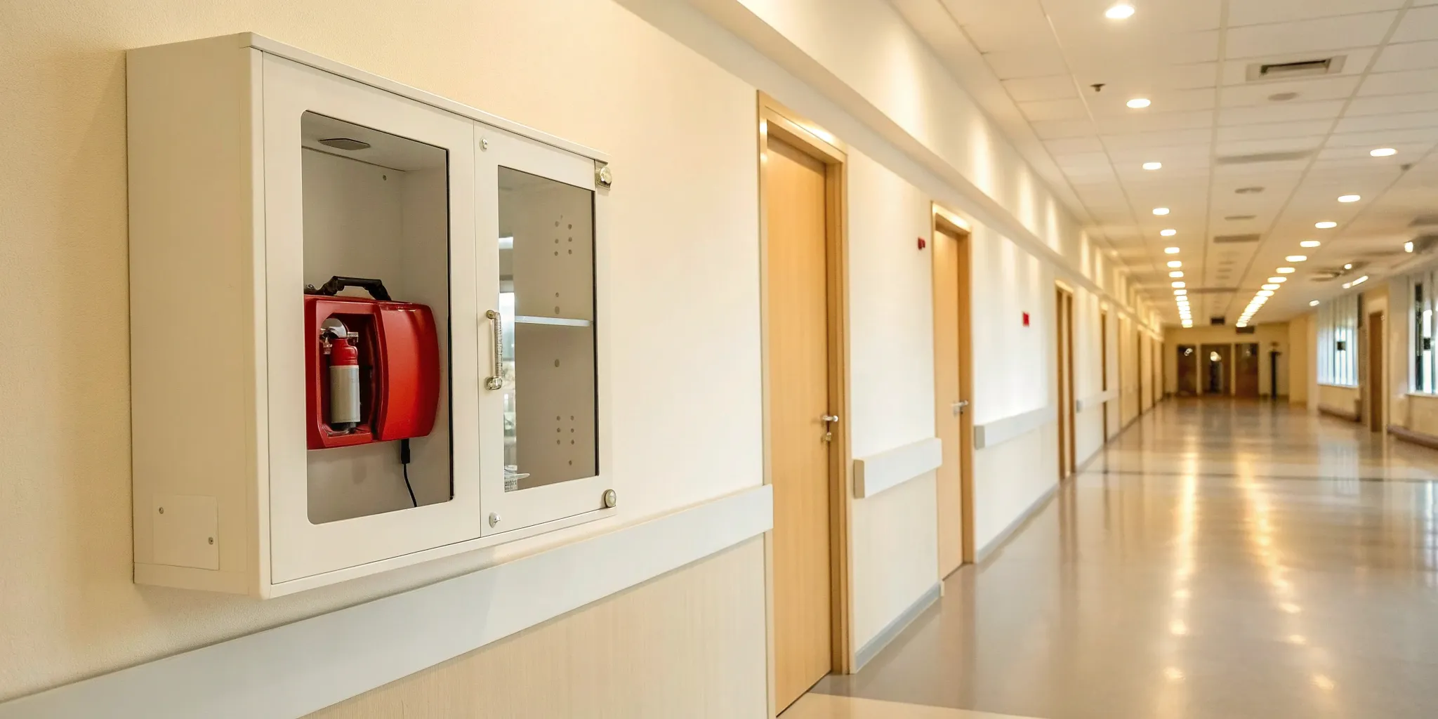 An AED cabinet on a wall, following compliant placement guidelines for quick access.