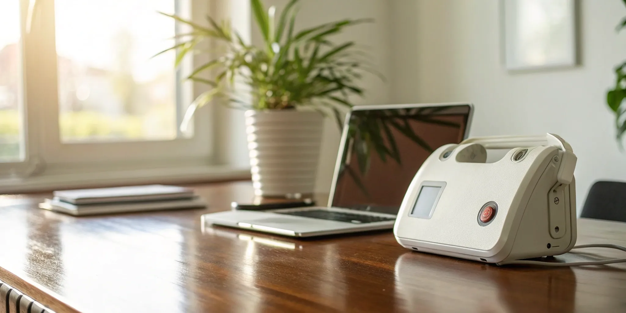 An AED on an office desk, chosen from one of the best AED providers for a business.