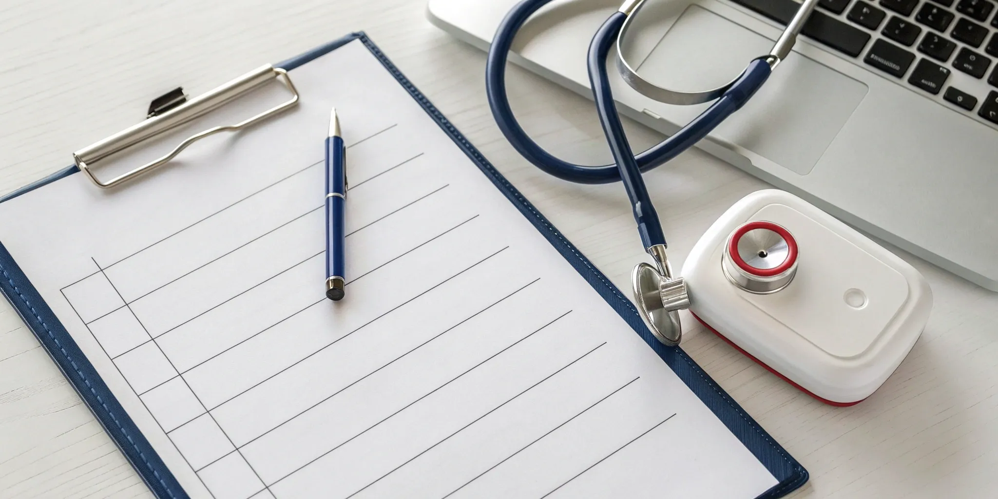 An AED compliance requirements checklist on a clipboard next to the device and a stethoscope.