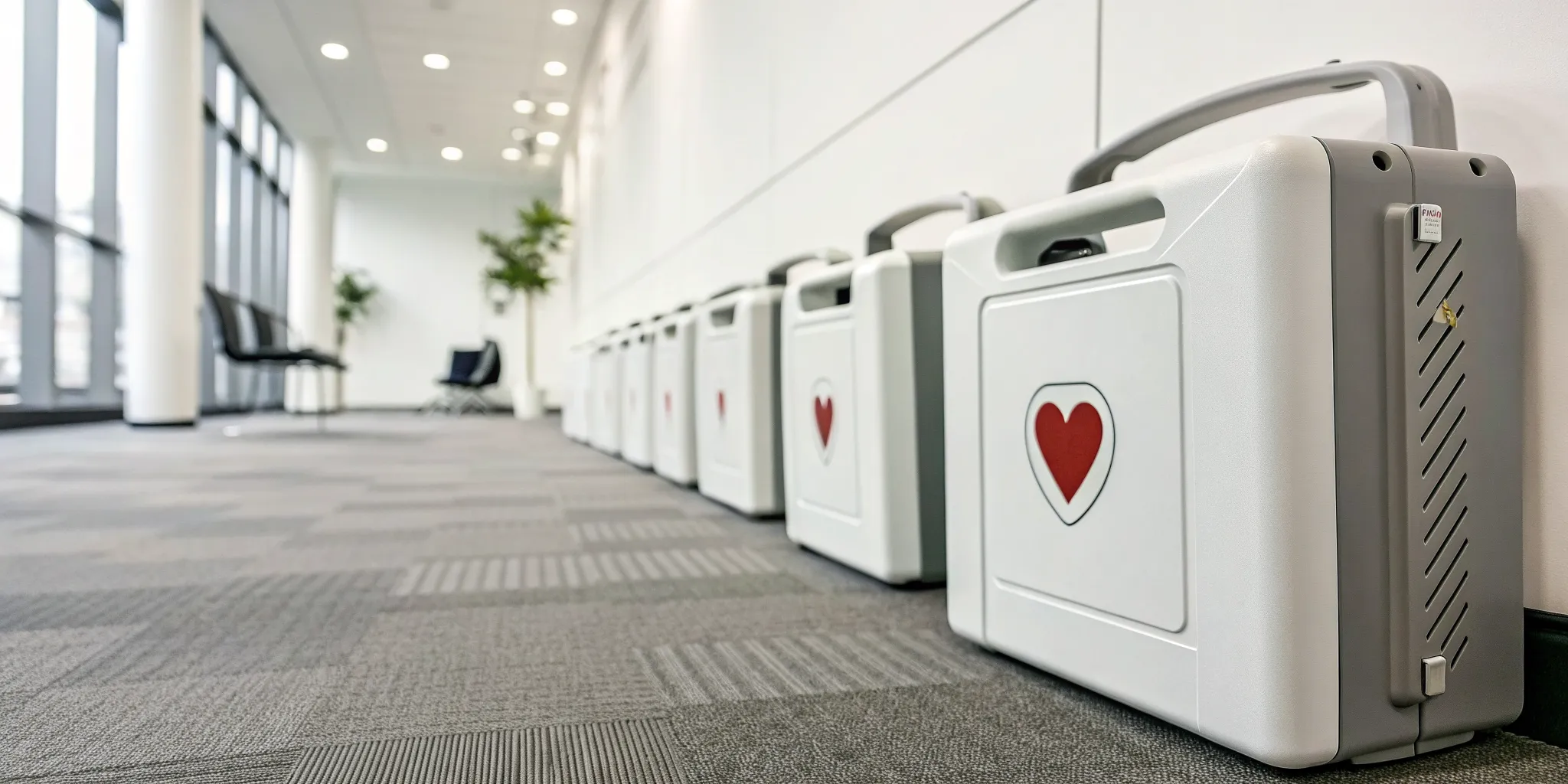 A fleet of AEDs in an office, organized by an AED fleet management service.