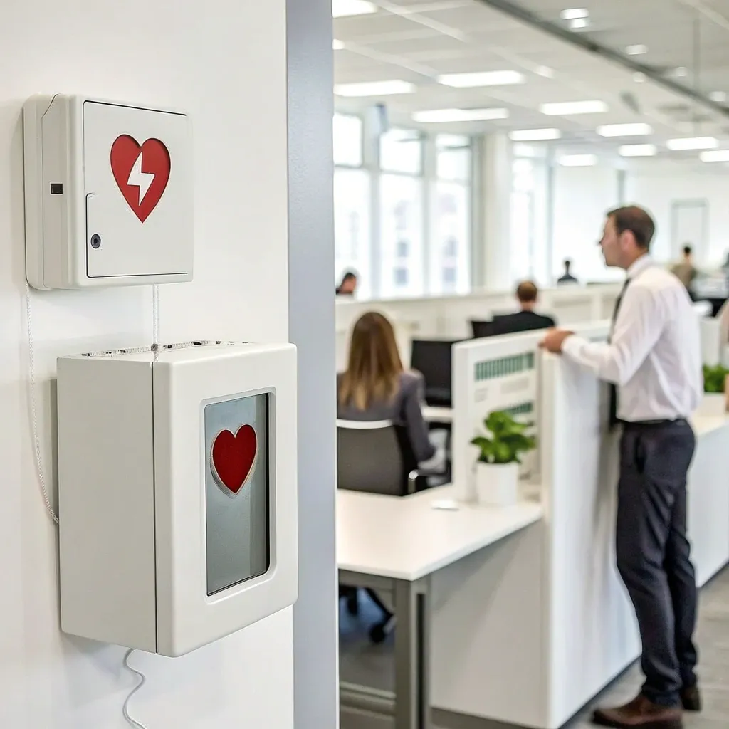 Workplace AED in a wall cabinet, following OSHA requirements for office safety.