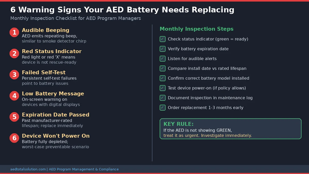 Facilities manager performing an AED battery check by inspecting the status indicator light on a wall-mounted defibrillator