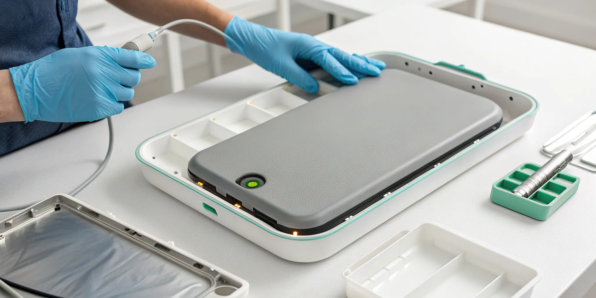 A technician carefully installs a new battery as part of an AED replacement service.