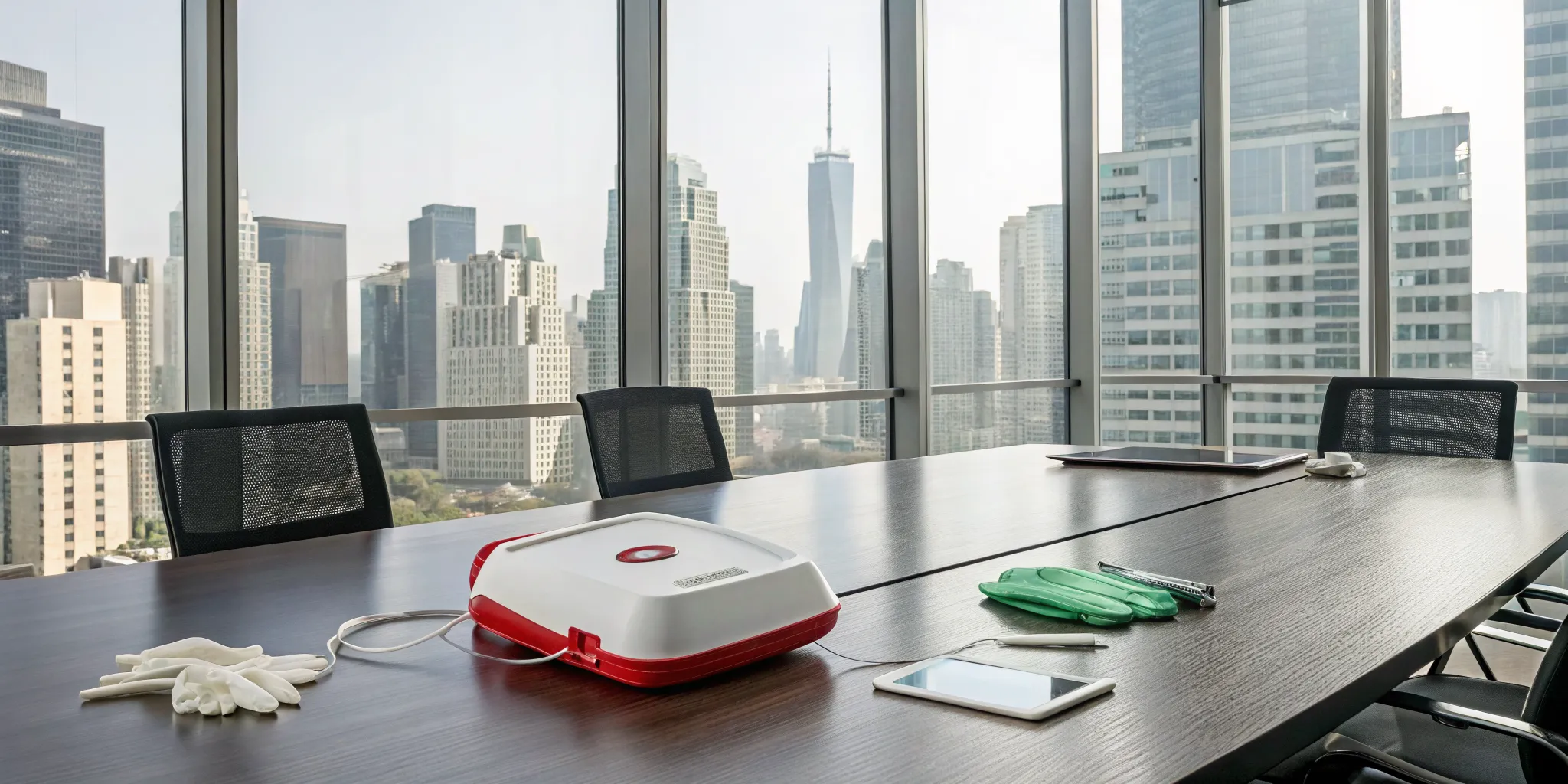 An AED in an office, meeting compliance requirements for multiple business locations.