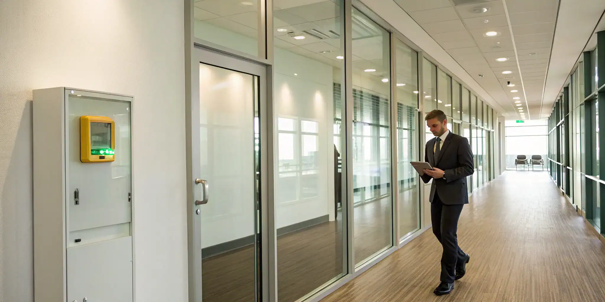 A professional inspects an AED in an office, ensuring proper compliance and management.