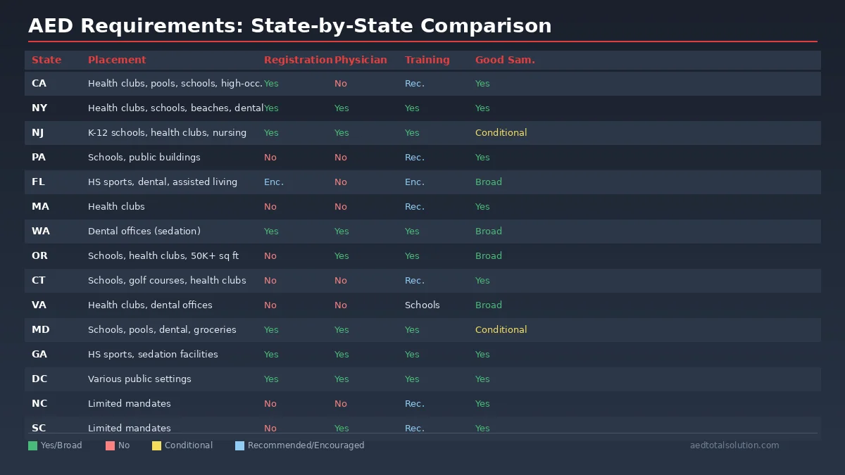 State-by-state comparison of AED placement, registration, physician, and training requirements