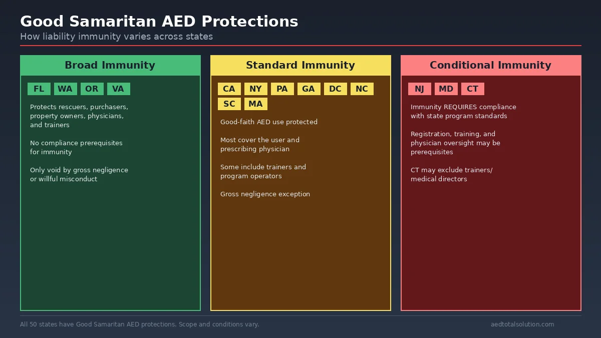 Good Samaritan AED protection types showing broad, standard, and conditional immunity by state