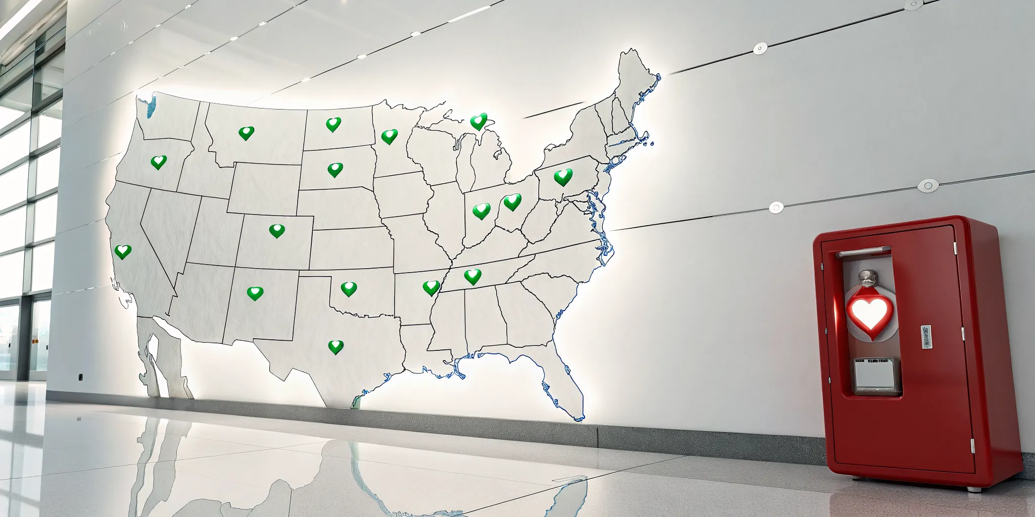 A map of the United States showing AED requirements by state.