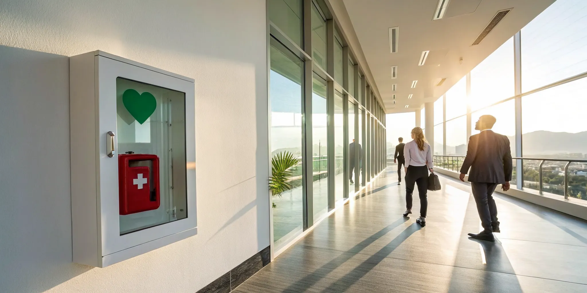 An AED mounted on the wall of a California office hallway as employees walk by.
