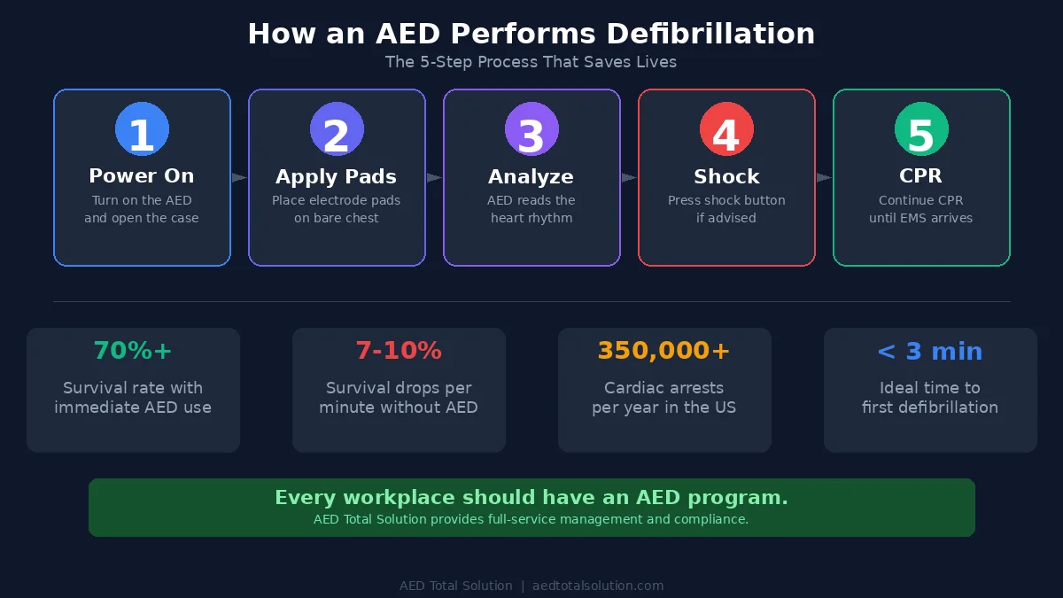 How an AED performs defibrillation 5-step process infographic with survival rate statistics for sudden cardiac arrest