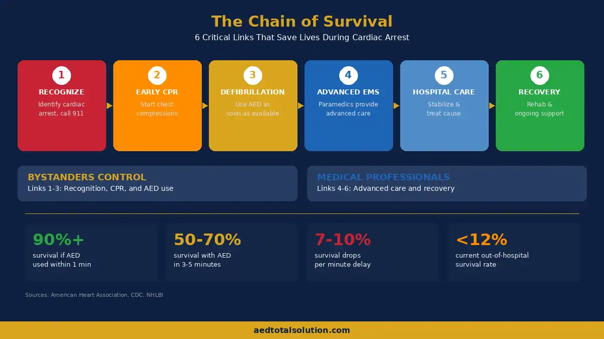Chain of survival infographic showing 6 steps from cardiac arrest recognition through CPR and AED use to hospital care and recovery