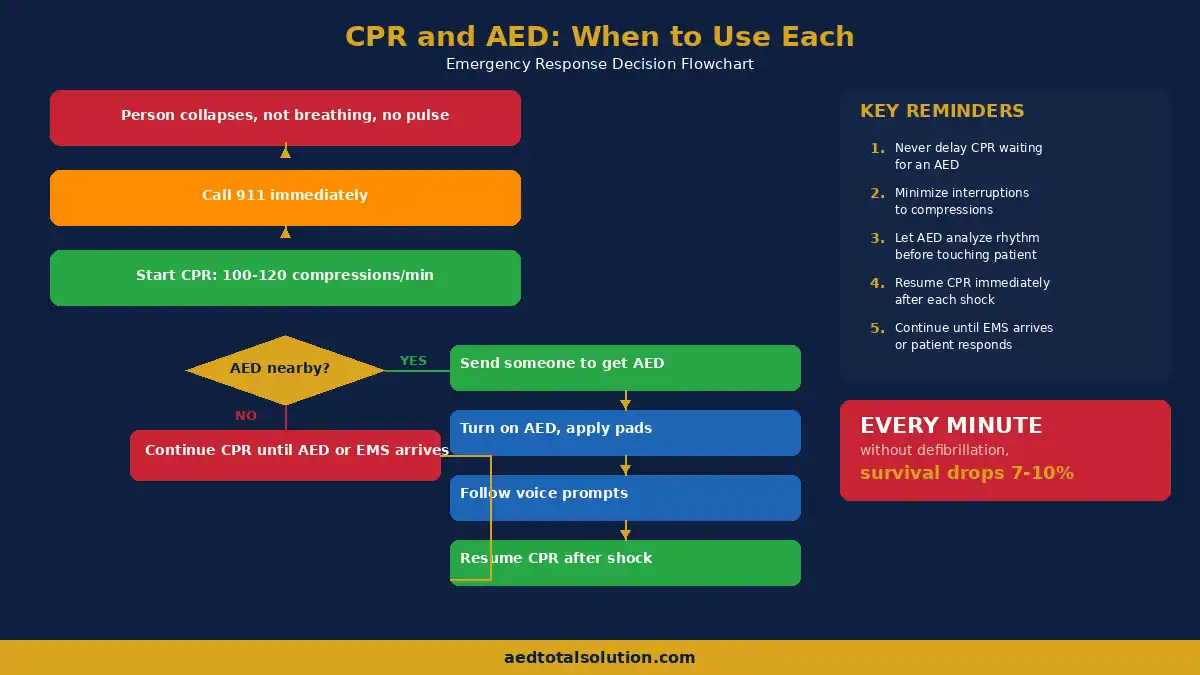 CPR and AED decision flowchart showing when to start chest compressions and when to apply a defibrillator during cardiac arrest