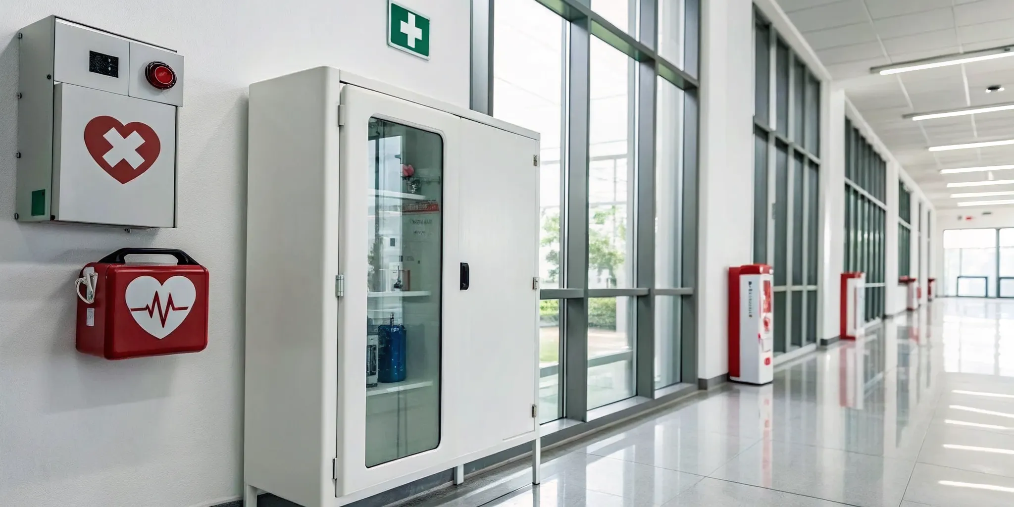 An enterprise AED in a wall-mounted cabinet, ensuring workplace safety and compliance.
