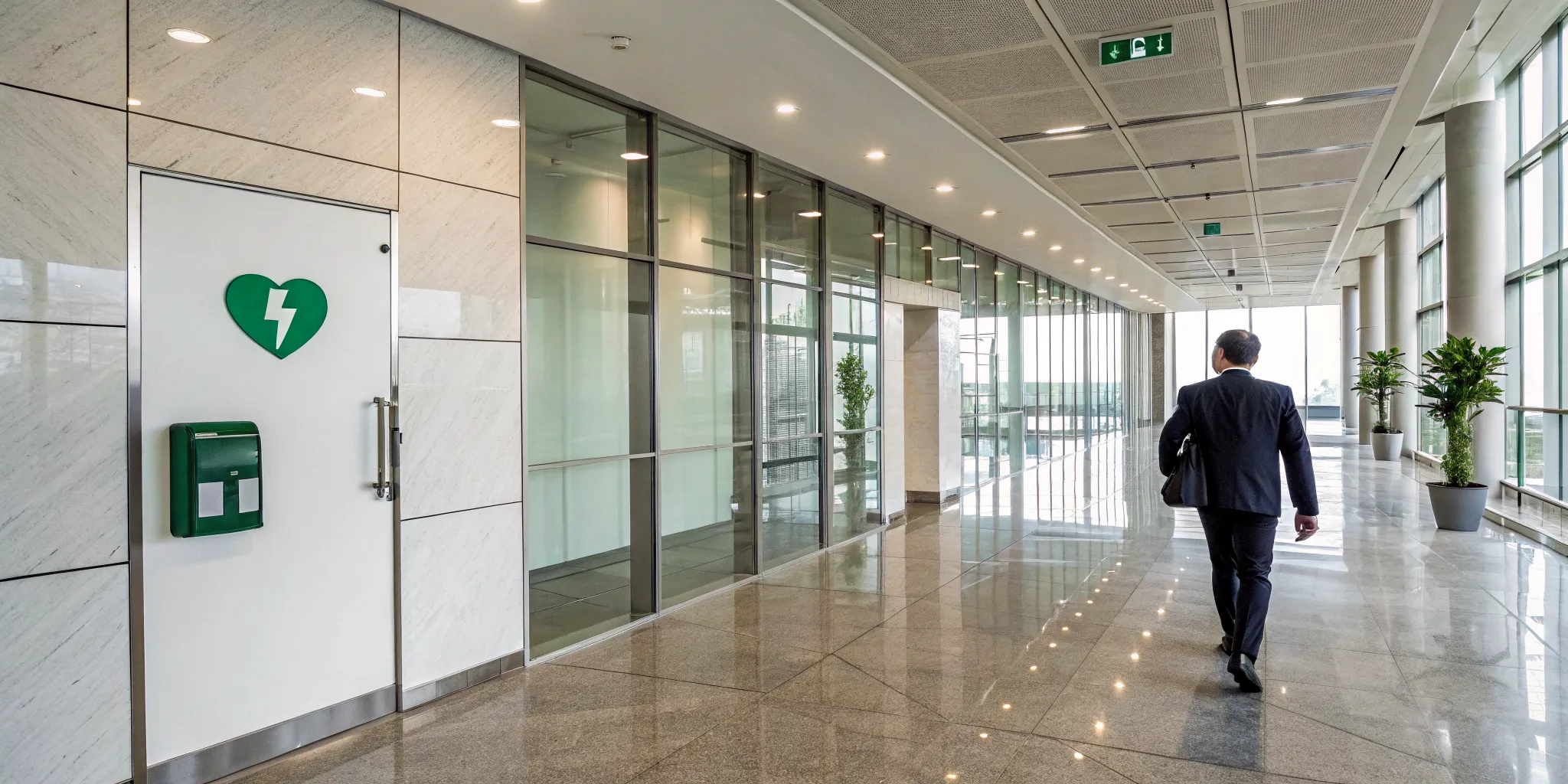 A green AED sign on an office wall, directing people to the nearest emergency defibrillator.