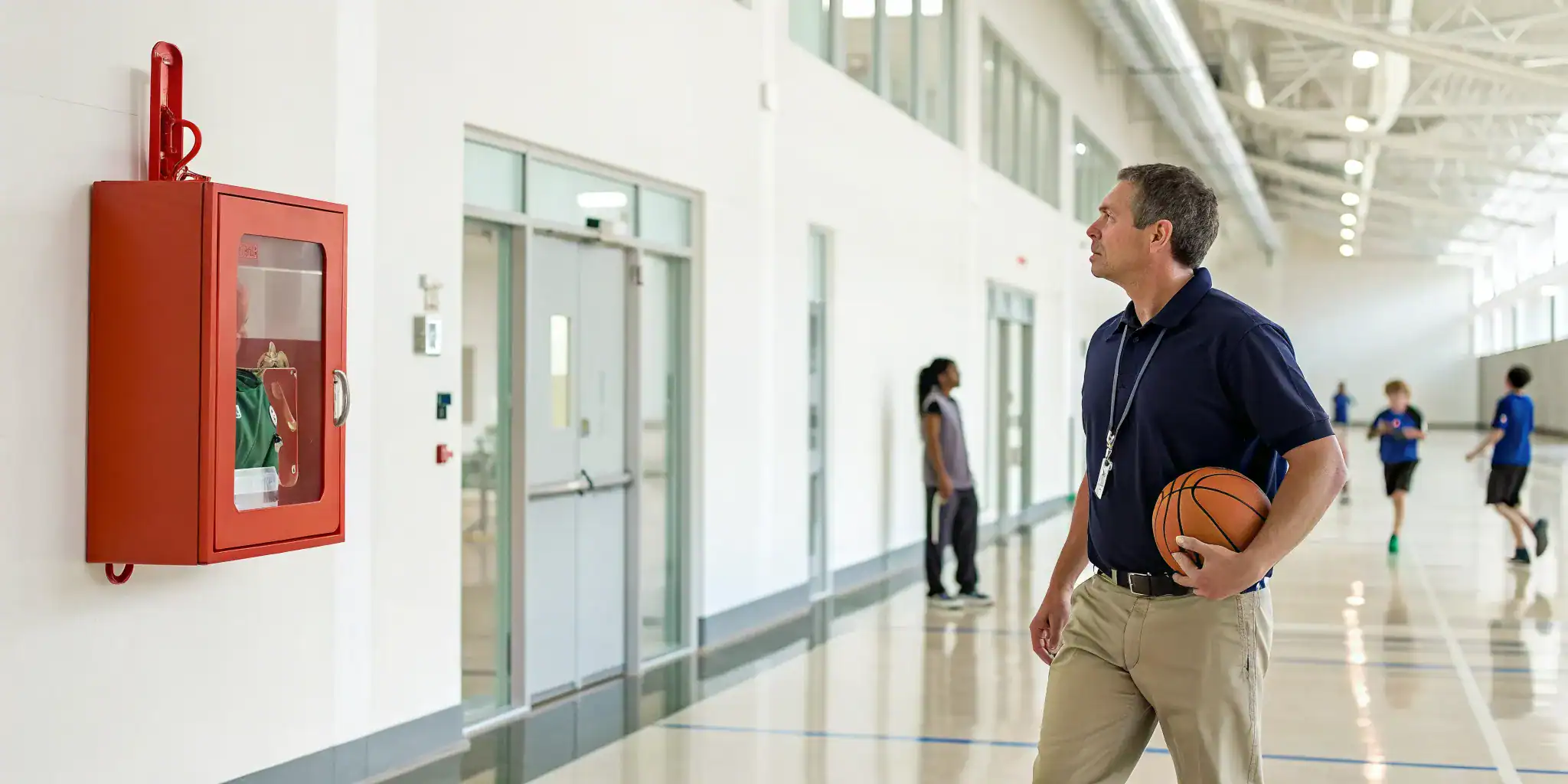 A youth sports coach stands in a gym next to an AED, meeting NYS requirements.