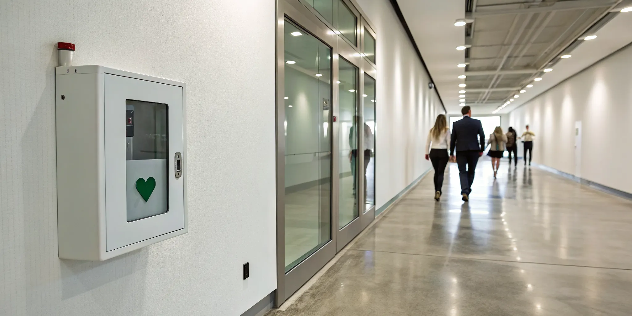 AED in a wall cabinet placed in a hallway to meet OSHA requirements.