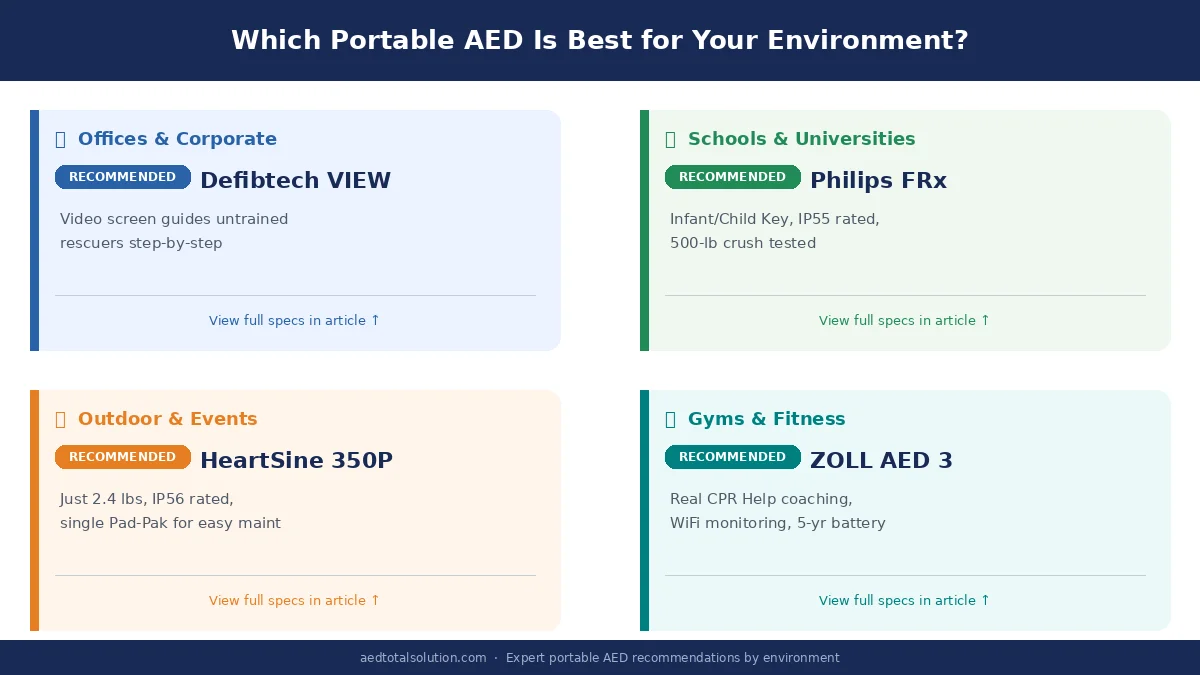 Which portable AED defibrillator is best for offices, schools, outdoor events, and gyms - use case recommendation matrix