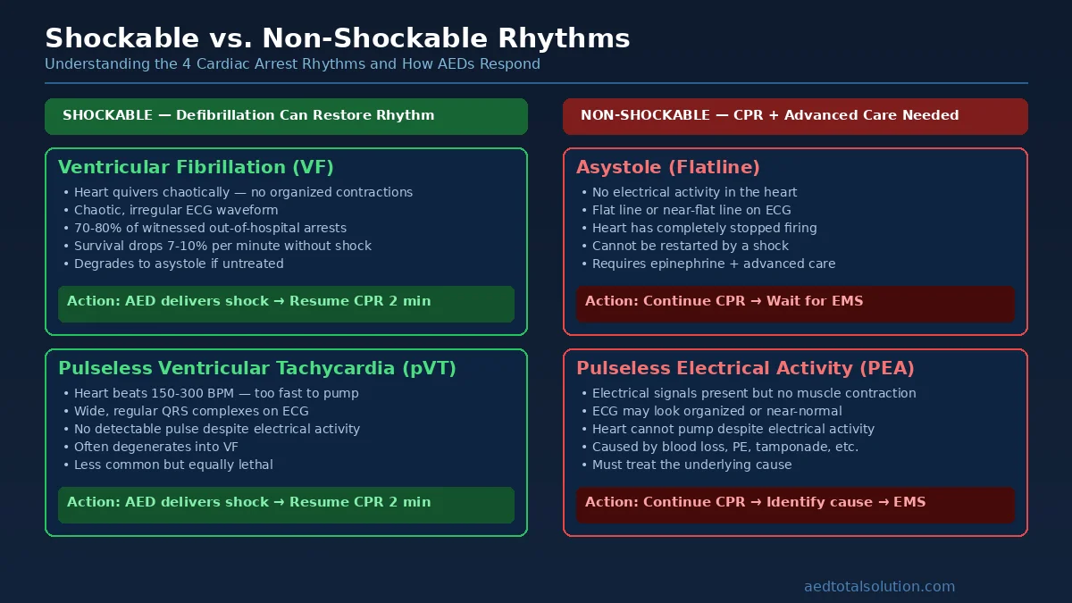 Comparison chart of shockable heart rhythms VF and pVT versus non-shockable rhythms asystole and PEA with actions for each