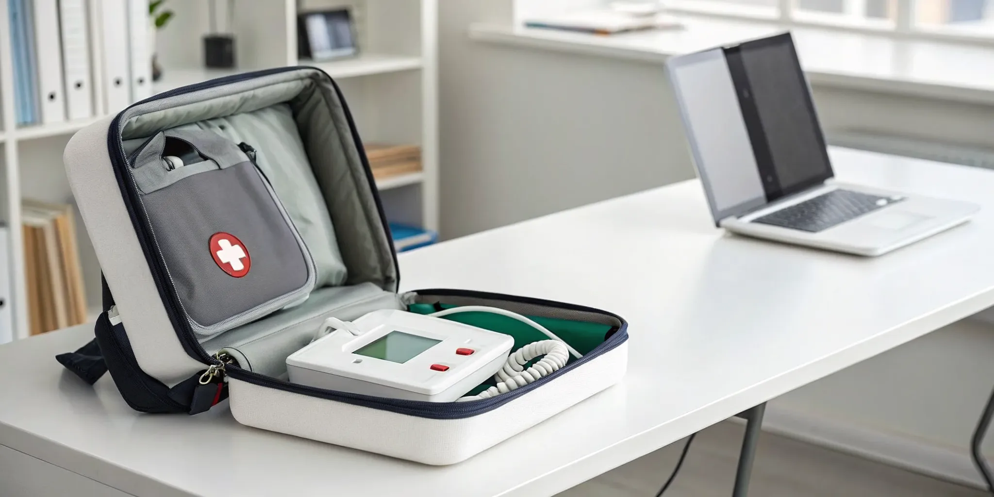 An AED and inspection checklist on a desk for a routine workplace policy check.