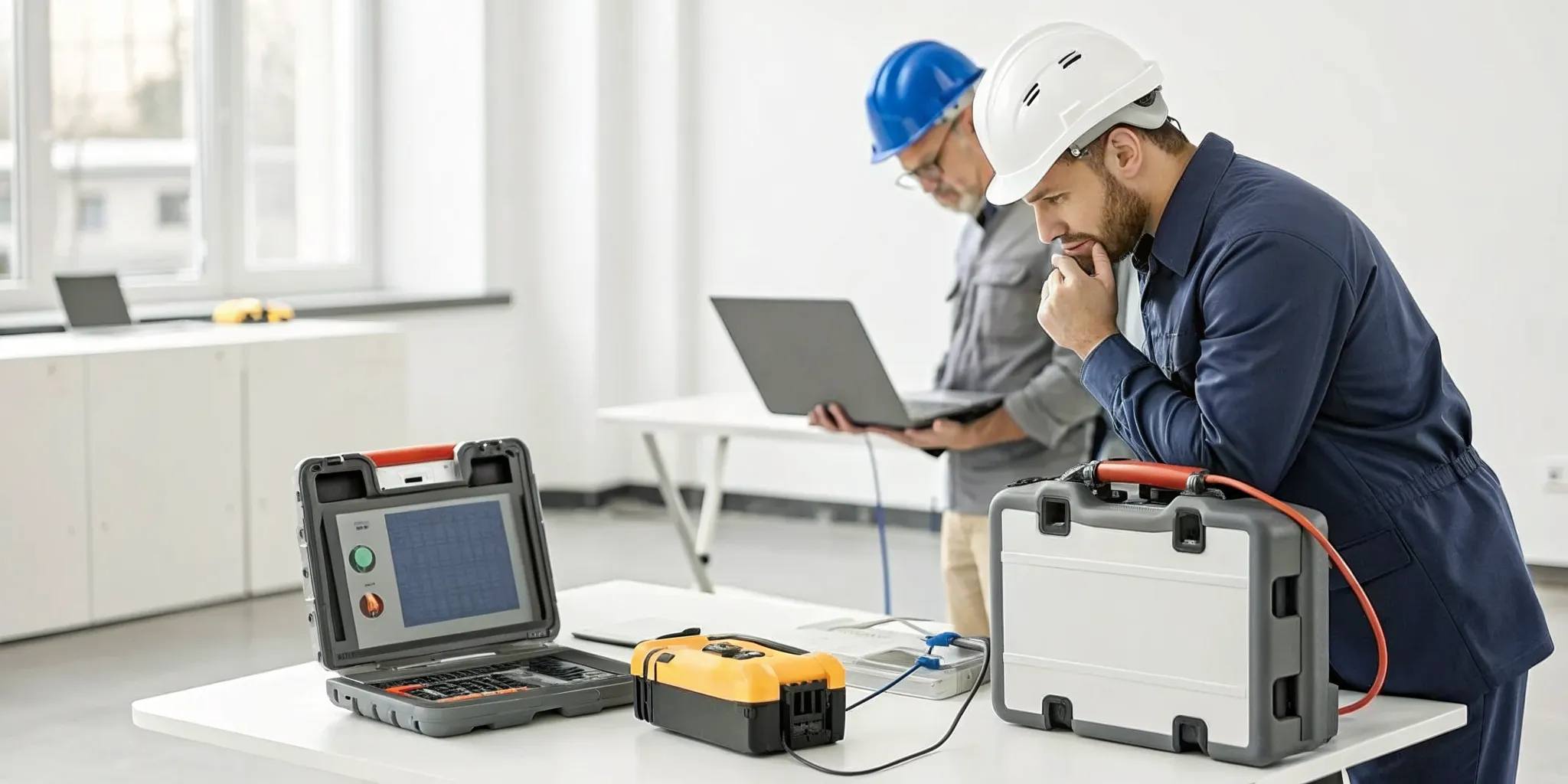 Technician using AED inspection software for a digital compliance check.