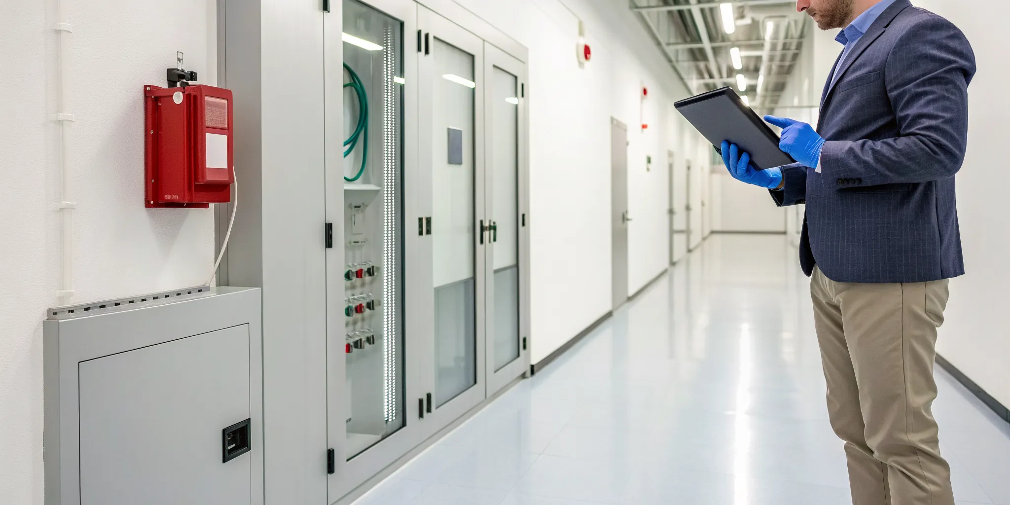 AED maintenance and monitoring service technician checking a defibrillator with a tablet.