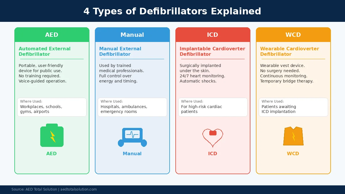 Four types of defibrillators explained - AED, Manual, ICD, and WCD comparison infographic