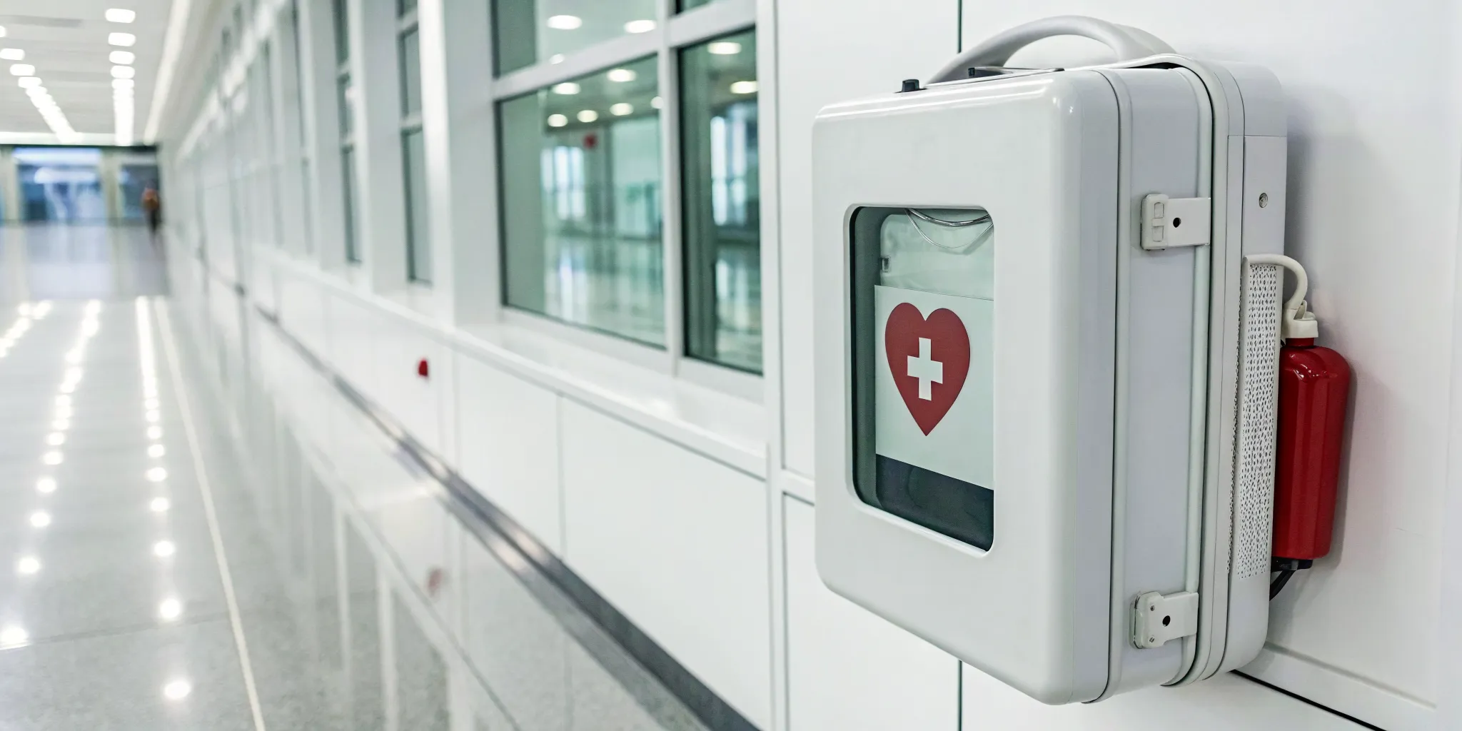 An AED in a wall-mounted cabinet connected to a remote monitoring system.