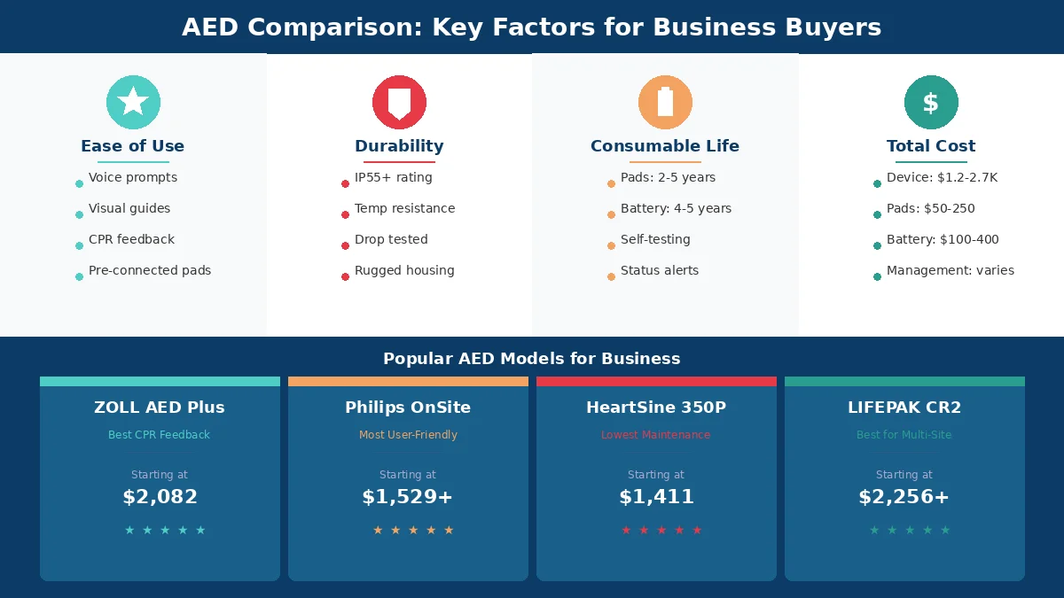 AED comparison chart showing key factors and popular models for business buyers