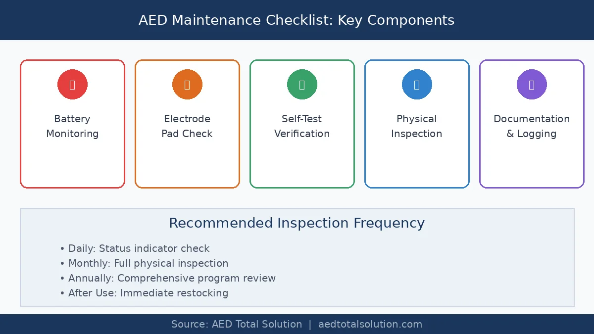 AED maintenance checklist infographic showing battery monitoring, electrode pad inspection, self-test verification, physical inspection, and documentation