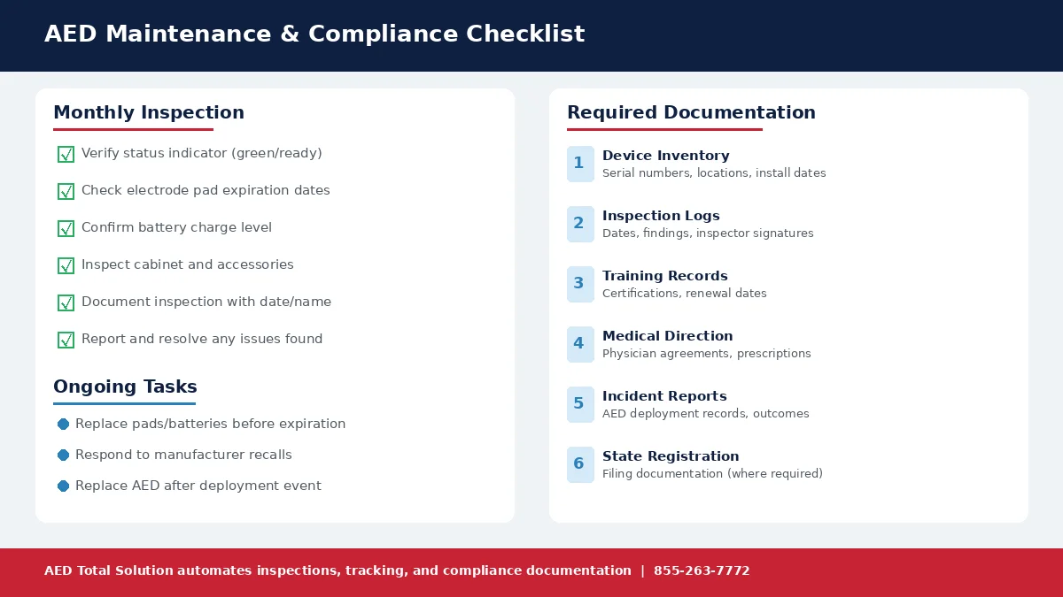 AED maintenance and compliance checklist infographic showing monthly inspection tasks and required documentation for emergency response plan