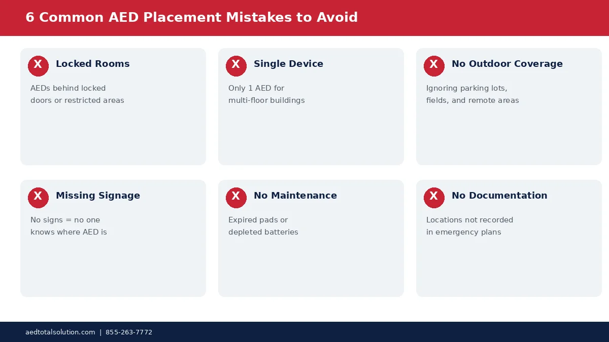 Six common AED placement mistakes to avoid infographic for workplace safety compliance