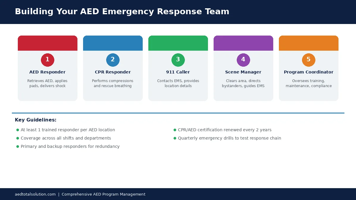 AED emergency response team roles diagram showing five key positions for workplace cardiac emergency response