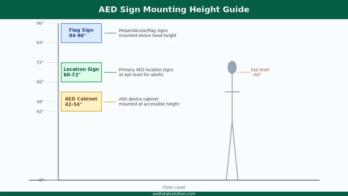AED sign mounting height guide showing recommended placement zones for location signs, flag signs, and AED cabinets