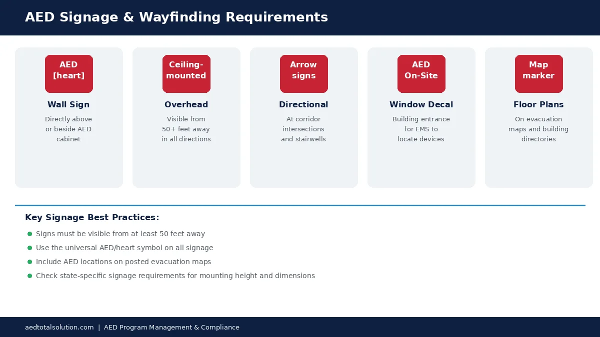 AED signage and wayfinding requirements infographic showing five types of AED signs for buildings