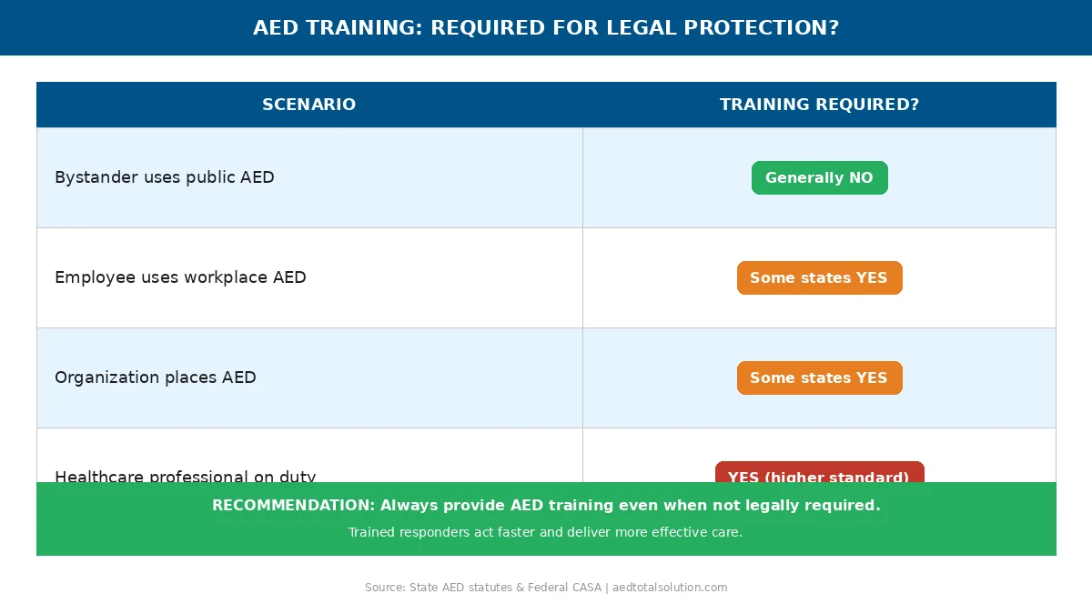 Table showing when AED training is required for Good Samaritan legal protection across different scenarios including bystanders, employees, organizations, and healthcare professionals