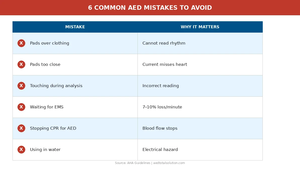 6 common AED mistakes to avoid including placing pads over clothing, pads too close together, touching patient during analysis, waiting for EMS, stopping CPR, and using in water