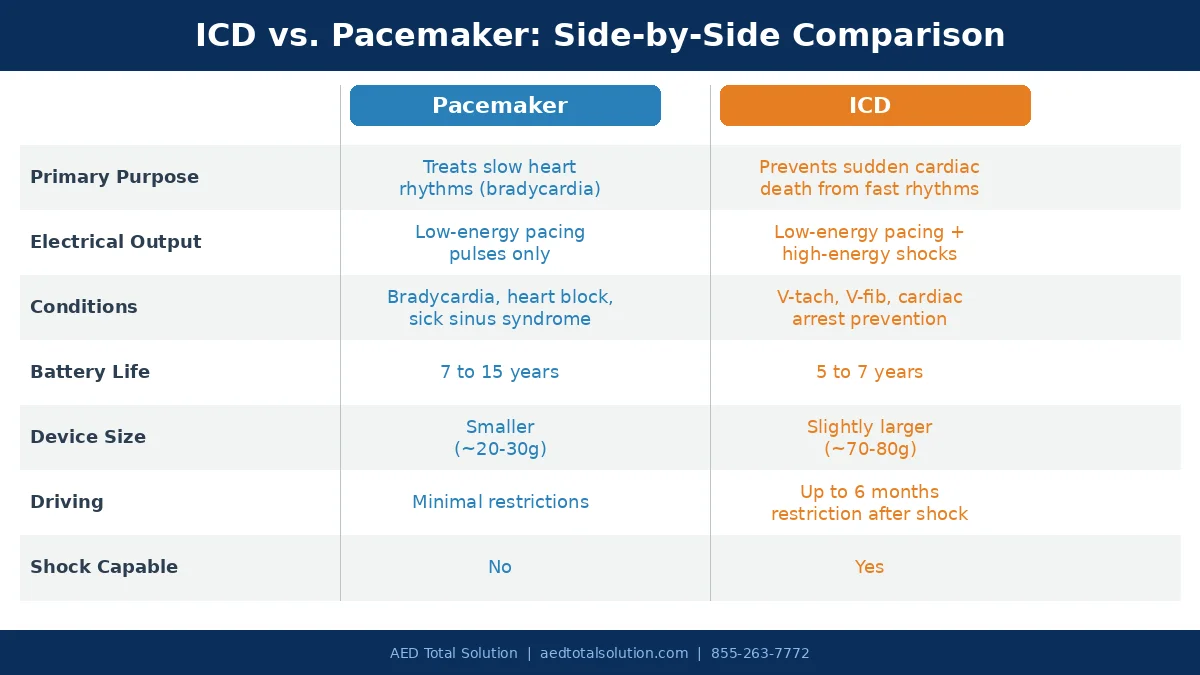 ICD vs pacemaker comparison infographic showing key differences in purpose, battery life, and conditions treated