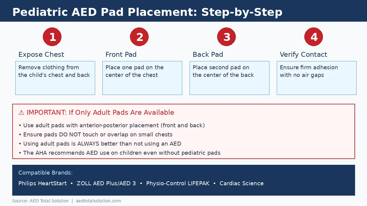 Step-by-step pediatric AED pad placement guide showing anterior-posterior positioning for children