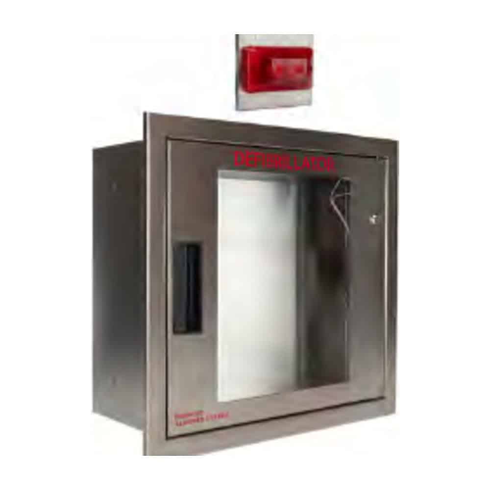 Cubix stainless steel fully recessed AED cabinet with alarm and strobe light