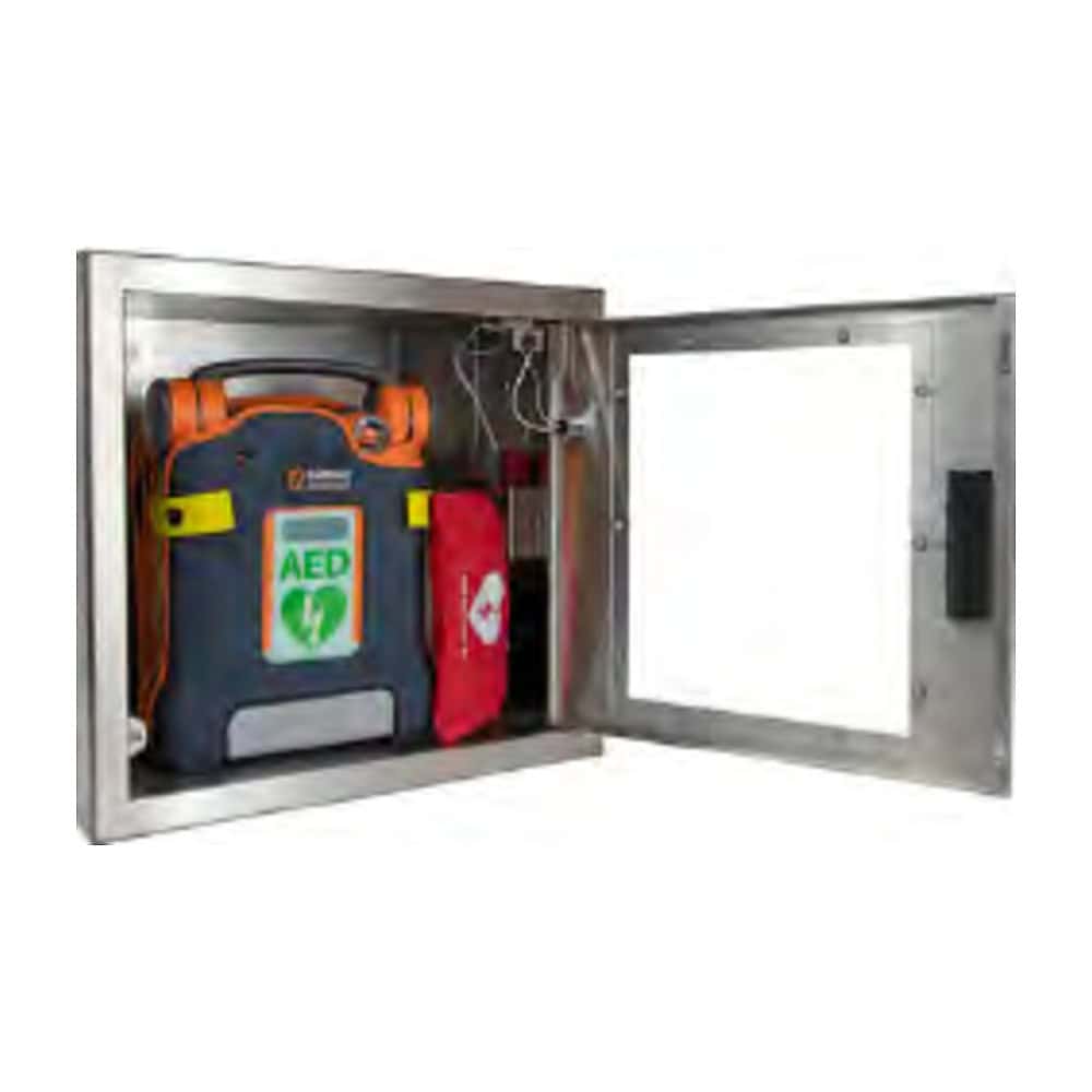 Cubix stainless steel fully recessed AED cabinet open with AED inside Cubix stainless steel fully recessed AED cabinet open with AED inside