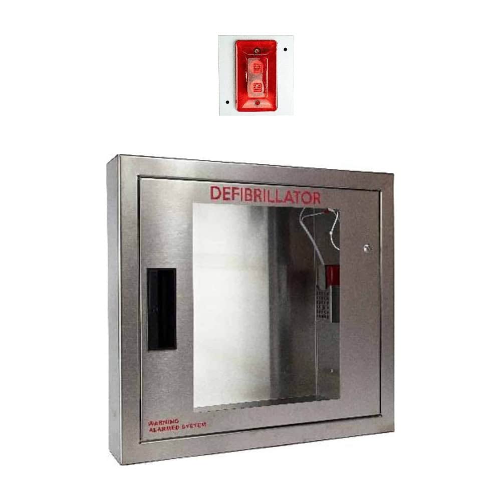 Cubix stainless steel semi recessed AED cabinet with alarm and strobe light