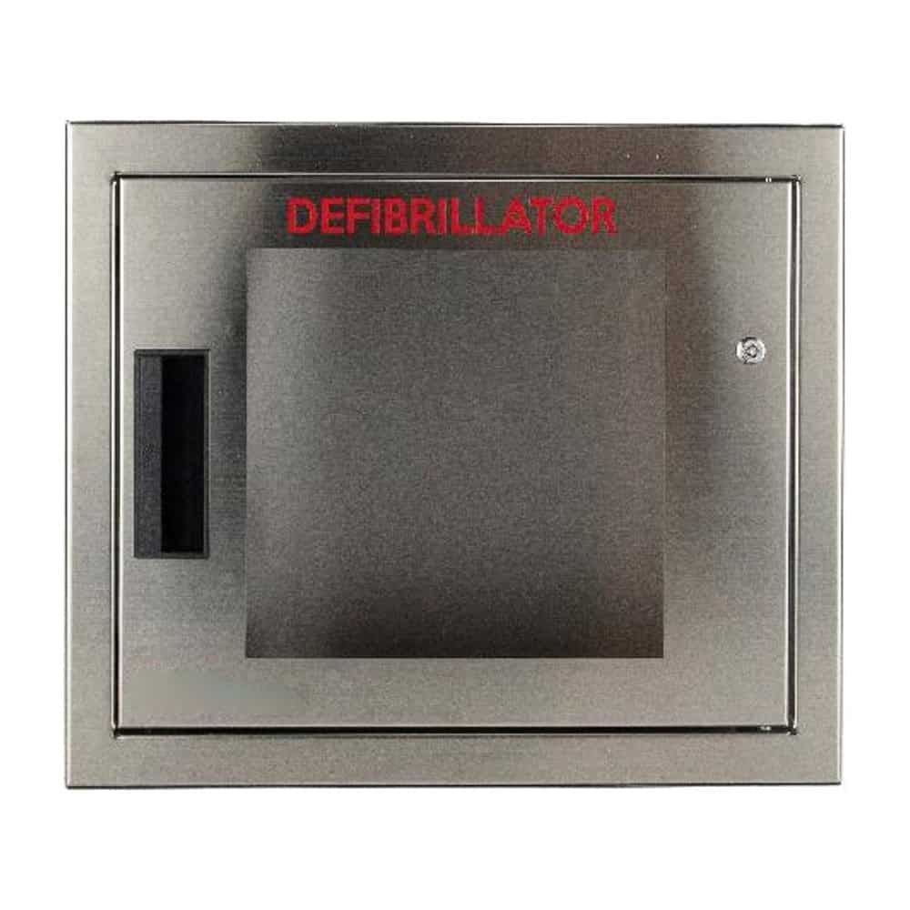 Cubix stainless steel semi recessed AED cabinet, non-alarmed, small